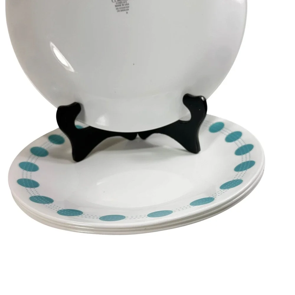 Corelle South Beach Dinner Plates 10.25 Turquoise Dots Dashes Vitrelle Lot of 4